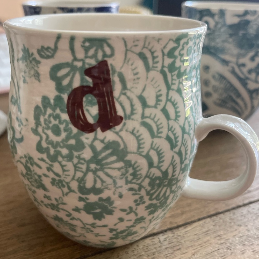 Anthropologie Monogram “d” Porcelain mug in Teal